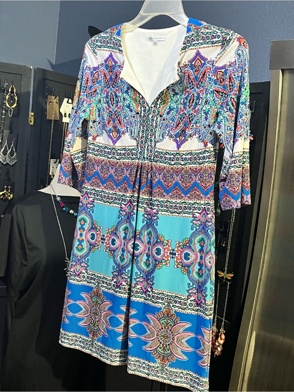 Sandra Darren Multicolor Blue & White Printed Long-Sleeve Dress